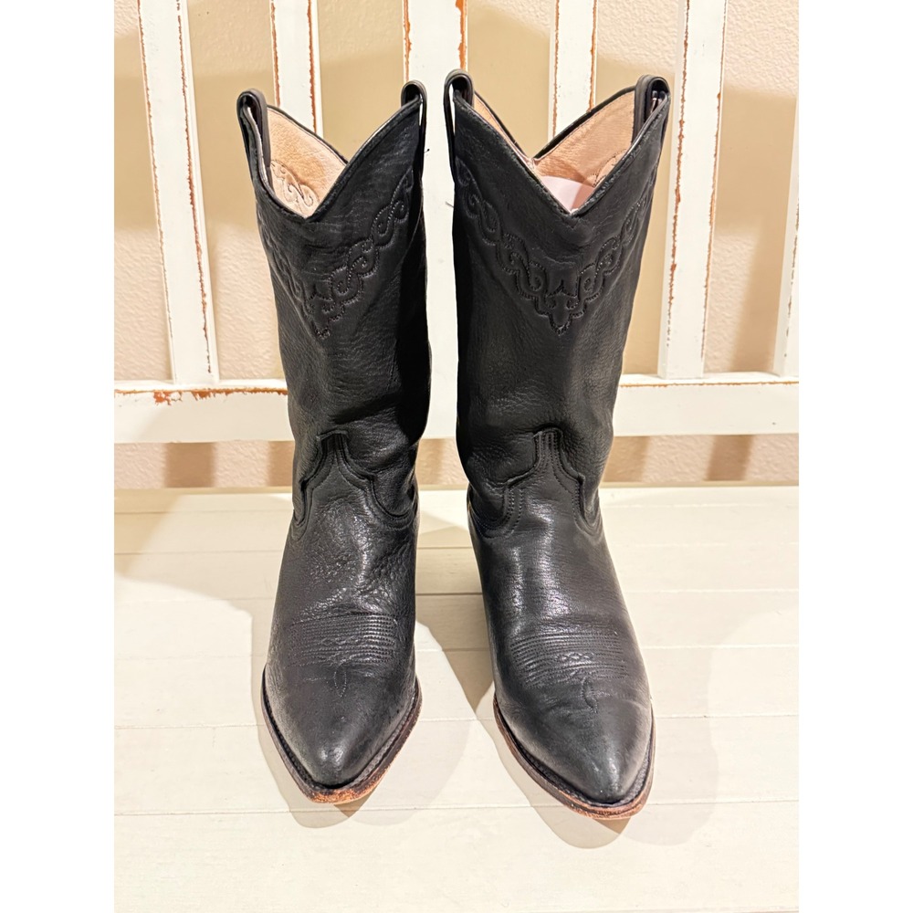 Womens Black Leather Western Cowboy Boots Pointed‎ Toe Mid Calf Stitched Details - Picture 2 of 9